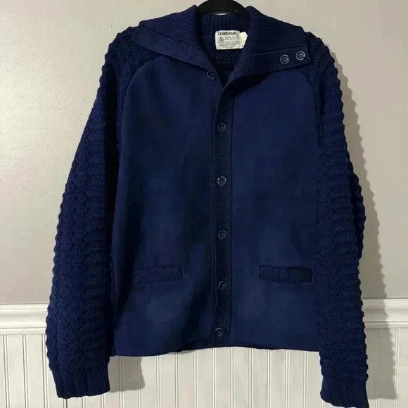 Vintage Tundra Suede Panelled Knit Virgin Wool Cardigan Sweater Adult L
